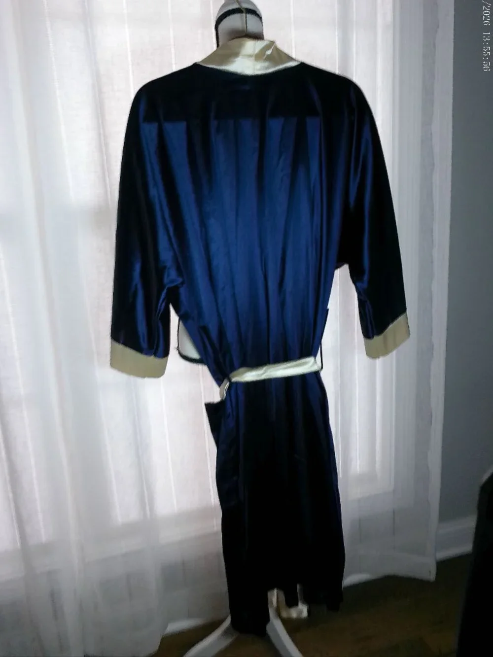 SEARS THE MEN'S STORE Vintage 3/4 Slve Open w/Belt Navy Blue/White Trim Robe O/S